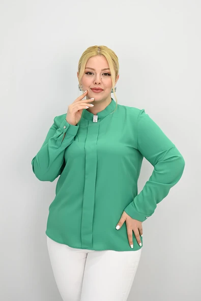 Kadın Büyük Beden Hakim Yaka Taş Broş Detaylı Bluz 0034-25 - 12