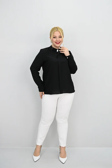Kadın Büyük Beden Hakim Yaka Taş Broş Detaylı Bluz 0034-25 - 2