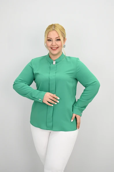 Kadın Büyük Beden Hakim Yaka Taş Broş Detaylı Bluz 0034-25 - 12