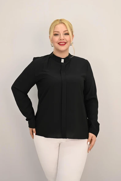 Kadın Büyük Beden Hakim Yaka Taş Broş Detaylı Bluz 0034-25 - 5