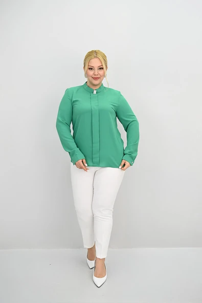 Kadın Büyük Beden Hakim Yaka Taş Broş Detaylı Bluz 0034-25 - 9