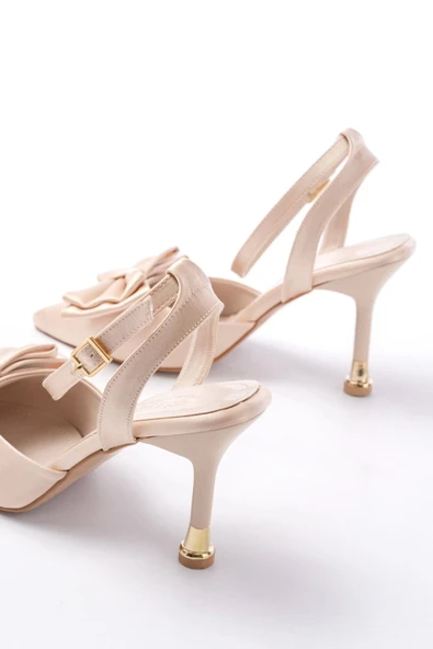 İNF-4505 Bej Saten Günlük Arkası Açık Kurdele detaylı Topuklu Bayan Ayakkabı - Resim 5