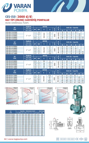 Varan CES-I 50-16-03002 İn-line Döküm Santrifüj Pompa 4 HP / 3 kW, Trifaze 380 V, 26 Mss, 30 m3/h - 3