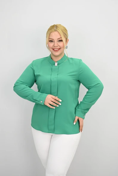 Kadın Büyük Beden Hakim Yaka Taş Broş Detaylı Bluz 0034-25 - 11