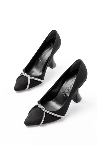Siyah Süet Günlük Sarmal Taşlı Topuklu Kadın Ayakkabı - 3