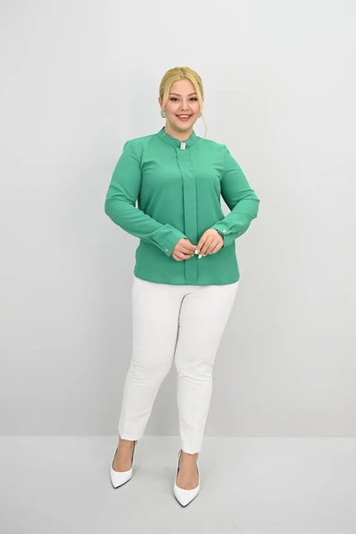 Kadın Büyük Beden Hakim Yaka Taş Broş Detaylı Bluz 0034-25 - 10