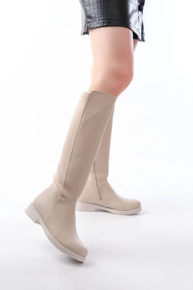 165-305 Bej Arka Streç Fermuarlı Günlük Kadın Çizme - 3
