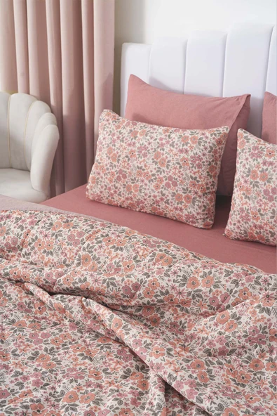 Rivaİstanbul Pembe Bahar Çift Kişilik Nevresimli Pike Takımı - 7 Parça Çeyiz Seti - Resim 4