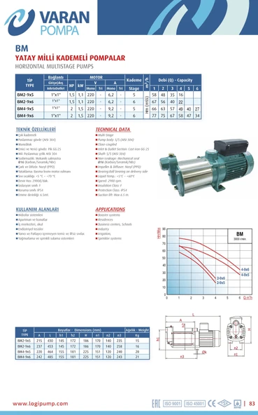 Varan BM 2-9x5 Yatay Kademeli Noril Fanlı Santrifüj Pompa 1.5 HP / 1.1 kW, Monofaze 220 V, 58 Mss, 4 m3/h - 3