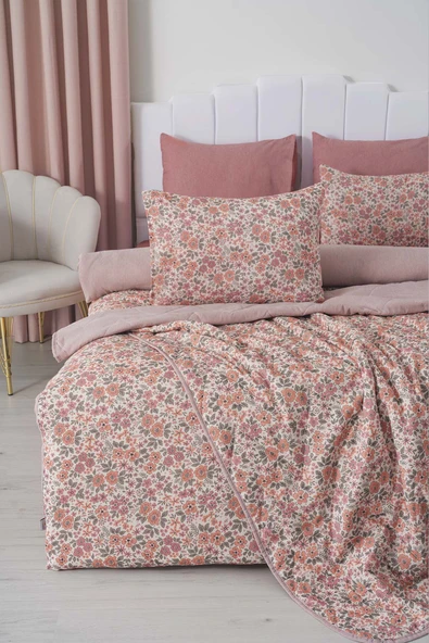 Rivaİstanbul Pembe Bahar Çift Kişilik Nevresimli Pike Takımı - 7 Parça Çeyiz Seti - Resim 3