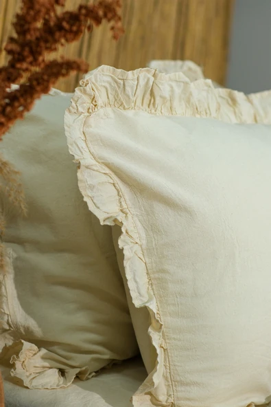 Lilya | Keten Görünümlü Fırfırlı %100 Pamuk Çift Kişilik Nevresim Takımı - Lilyack EKRU - 7