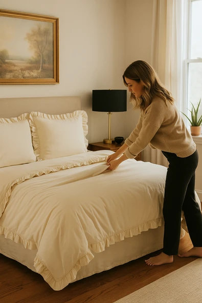 Lilya | Keten Görünümlü Fırfırlı %100 Pamuk Çift Kişilik Nevresim Takımı - Lilyack EKRU - 4