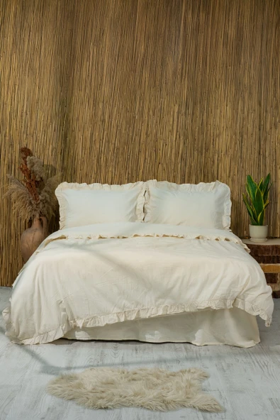 Lilya | Keten Görünümlü Fırfırlı %100 Pamuk Çift Kişilik Nevresim Takımı - Lilyack EKRU