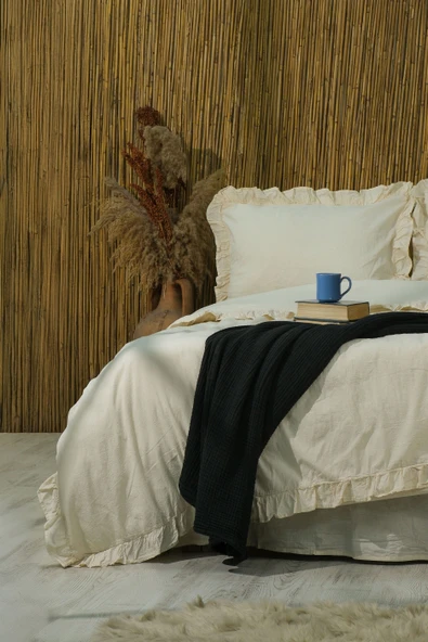 Lilya | Keten Görünümlü Fırfırlı %100 Pamuk Çift Kişilik Nevresim Takımı - Lilyack EKRU - 3