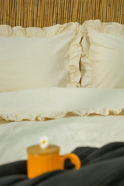 Lilya | Keten Görünümlü Fırfırlı %100 Pamuk Çift Kişilik Nevresim Takımı - Lilyack EKRU - 5