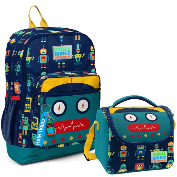 Coral High 2li Set Robot Desenli Okul Çantası Beslenme 23472