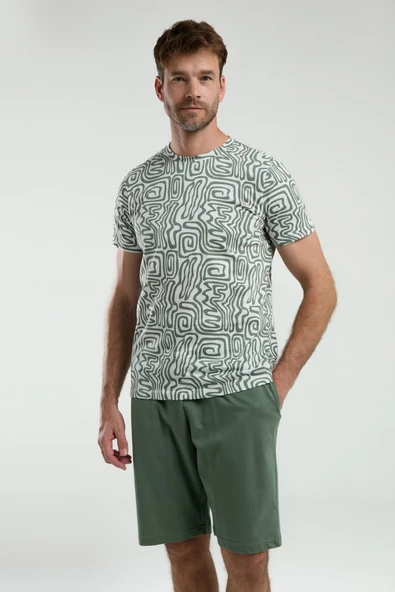Arnetta 3302 Erkek Bisiklet Yaka Desenli Yarım Kollu Şortlu Pijama Takım - 8