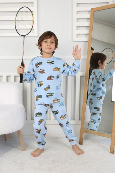 Transportation Veichle Desenli Çocuk Pijama Takımı (Alt-Üst) Bej 3-8 Yaş - 3
