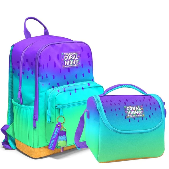 Coral High 2li Set Mor Lila Desenli Okul Çantası Beslenme 23637