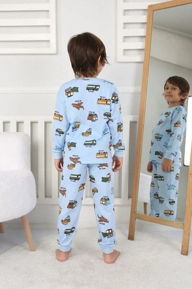 Transportation Veichle Desenli Çocuk Pijama Takımı (Alt-Üst) Bej 3-8 Yaş - 4