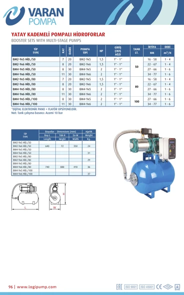 Varan BM4-9x5 HID/100 LT Tanklı Yatay Kademeli Hidrofor 2 HP / 1.5 kW, Monofaze 220 V, 43 - 67 Mss - Resim 3
