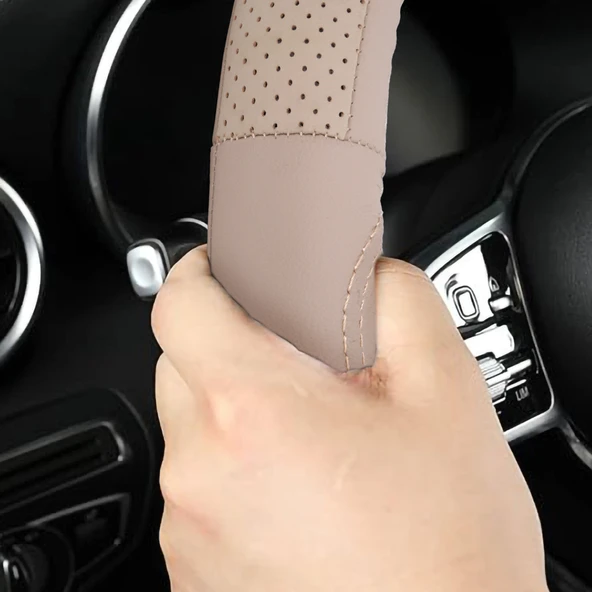 Oto Geçme Direksiyon Kılıfı Desenli Bej Renk Suni Deri NR1406 - 4