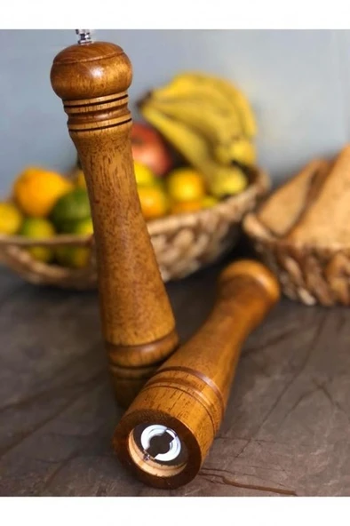 2’li Set Büyük Boy Karabiber Değirmeni Ahşap Baharat Öğütücü Tuz Öğütücü Değirmen 27 cm - 3