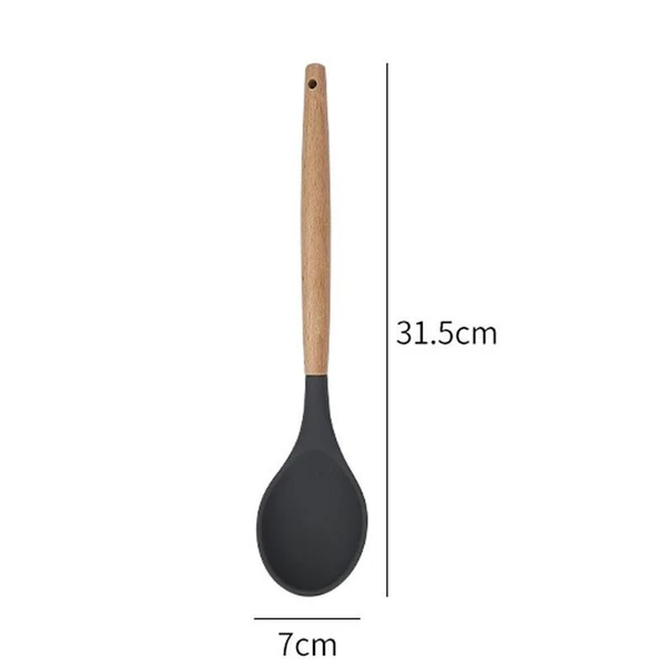 Silikon Kaşık Mutfak Kaşığı Servis Kaşığı Ahşap Saplı 31,5 cm