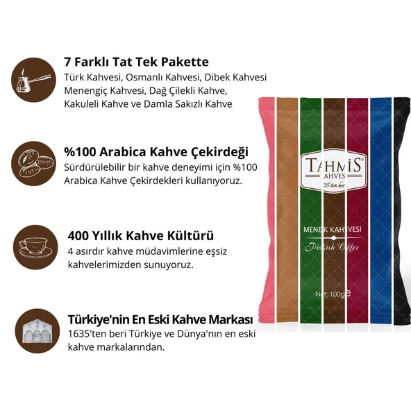 Tahmis 7'li Türk Kahvesi Seti 100 G (Damla Sakızlı-Çilekli-Menengiç-Osmanlı-Dibek-Kakule-Türk) - 3