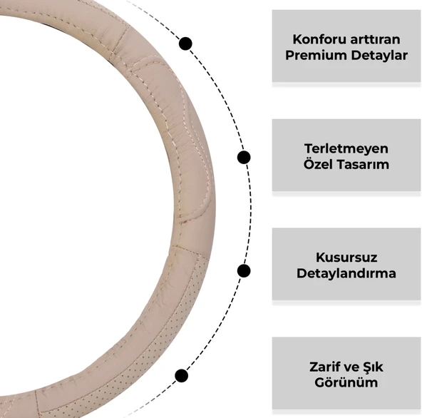 Oto Geçme Direksiyon Kılıfı Desenli Bej Renk Suni Deri NR1406 - 3