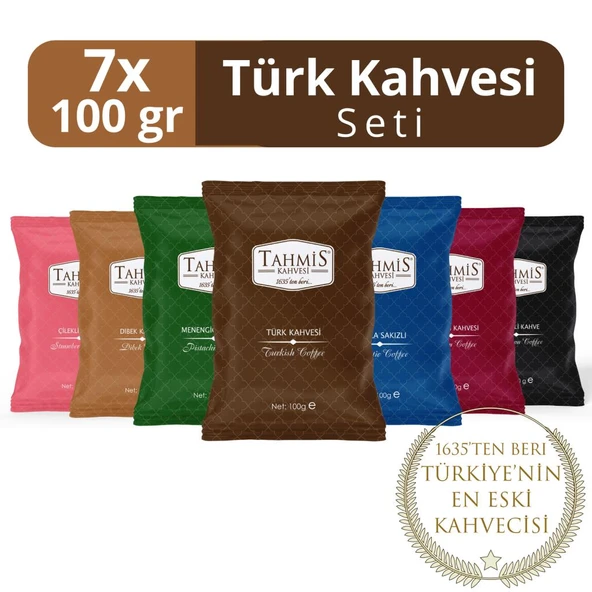 Tahmis 7'li Türk Kahvesi Seti 100 G (Damla Sakızlı-Çilekli-Menengiç-Osmanlı-Dibek-Kakule-Türk)