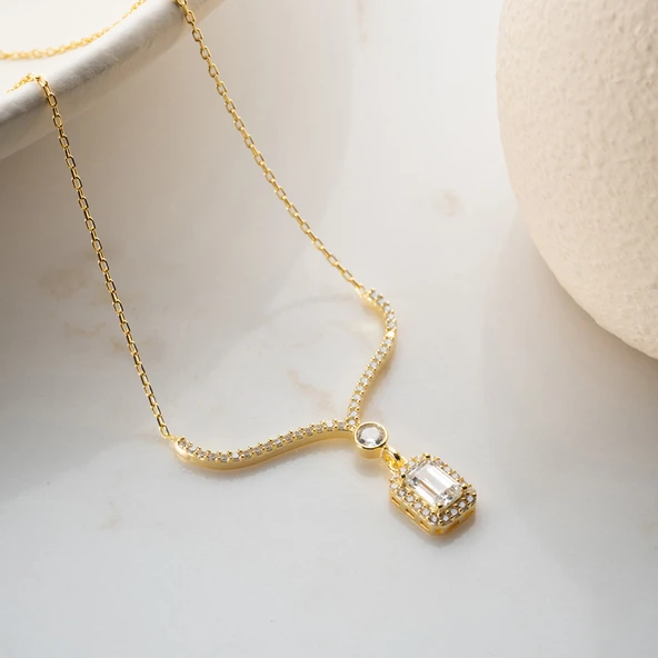 Vaoov 925 Ayar Gümüş Baget Taşlı Gold Sallantılı Hediye Kolye - Resim 5