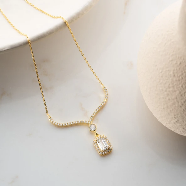 Vaoov 925 Ayar Gümüş Baget Taşlı Gold Sallantılı Hediye Kolye - Resim 3