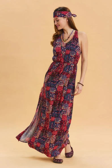 V Yaka Yırtmaçlı Günlük Elbise - Resim 2