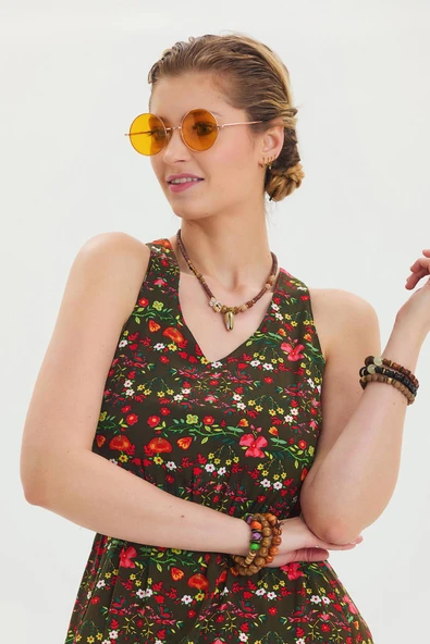 V Yaka Yırtmaçlı Günlük Elbise - Resim 4