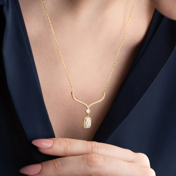 Vaoov 925 Ayar Gümüş Baget Taşlı Gold Sallantılı Hediye Kolye - Resim 2