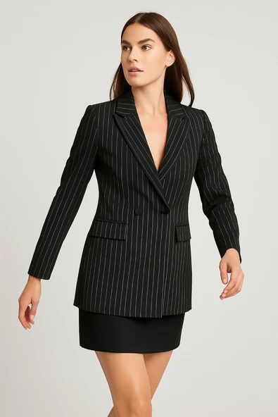 Kadın Çizgili Kruvaze Ceket Siyah - 2
