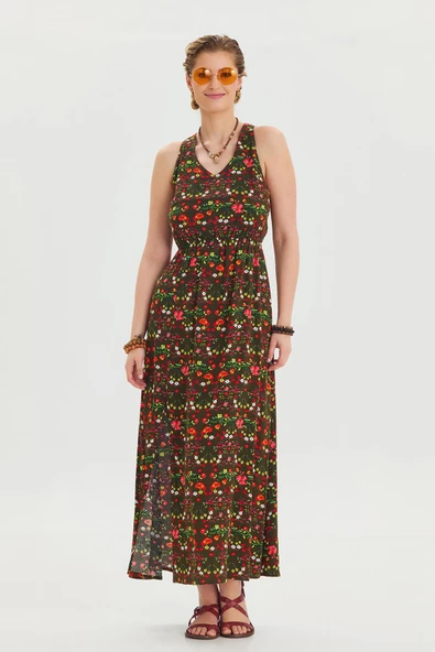 V Yaka Yırtmaçlı Günlük Elbise - Resim 7