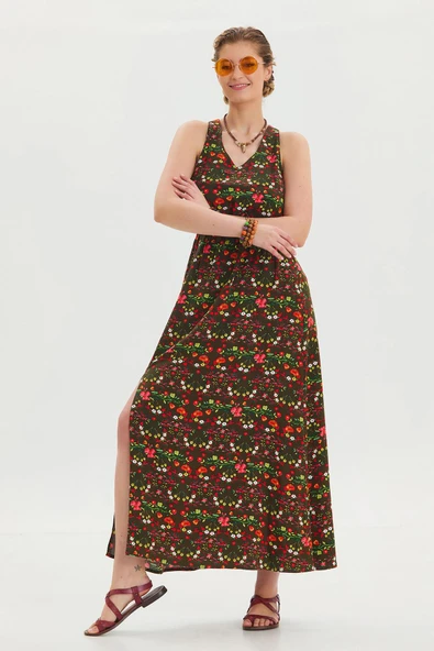 V Yaka Yırtmaçlı Günlük Elbise - Resim 6