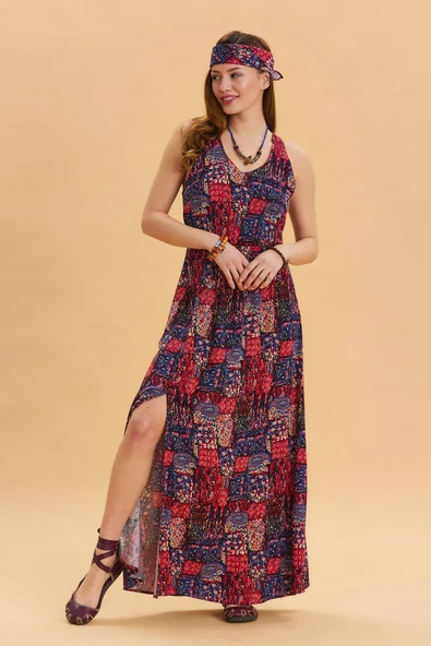 V Yaka Yırtmaçlı Günlük Elbise - Resim 7