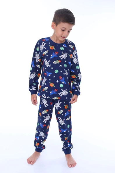 Gezegen Desenli %100 Pamuk Lacivert Çocuk Pijama Takımı - 14