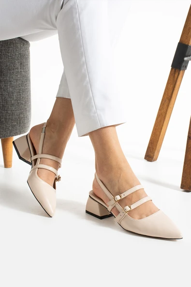 Albishoes Kadın Kare Topuk 5 Cm Arkası Açık Sivri Burun Topuklu Ayakkabı Alçak Topuk Kadın Ayakkabı