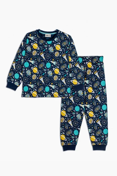 Gezegen Desenli %100 Pamuk Lacivert Çocuk Pijama Takımı - 10