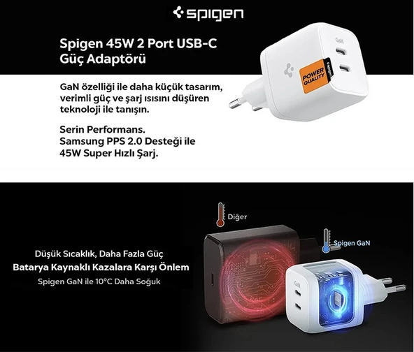 Spigen 45W USB-C 2 Port Mini Hızlı Şarj Aleti Samsung PPS 2.0 / Isı Düşürücü GaN Destekli Akım Korumalı Güç Adaptörü iPhone & Android & iPad & MacBook Type-C - ACH03717 - 2