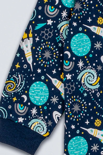 Gezegen Desenli %100 Pamuk Lacivert Çocuk Pijama Takımı - 24