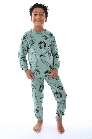 Gezegen Desenli %100 Pamuk Lacivert Çocuk Pijama Takımı - 18