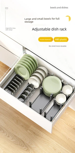Alüminyum Mutfak Çekmece Organizeri - Titanyum Gri Tabaklık - 410mm - 6