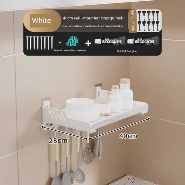Krem Metal Mutfak Banyo Duvar Rafı - Beyaz 25x40cm + Kancalı Kalınlaştırılmış