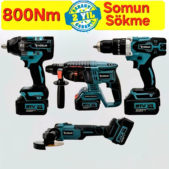 ASSUR Profesyonel 4'Lü Set Şarjlı Delici Kırıcı Hilti 2-26+125mm Taşlama+800Nm Somun Sökme+13mm Darbeli Matkap Mavi