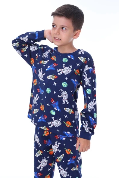 Gezegen Desenli %100 Pamuk Lacivert Çocuk Pijama Takımı - 4